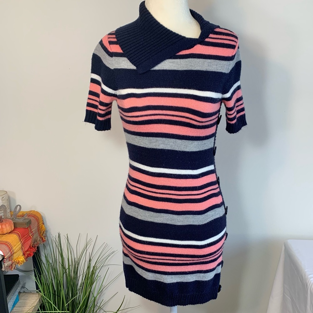 Girl 14 knit sweater dress asymmetrical collar button side blue pink acrylic